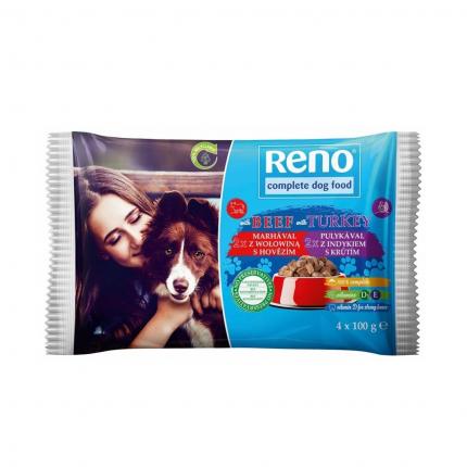 RENO ΤΡΟΦΗ ΓΙΑ ΣΚΥΛΟΥΣ ΒΟΔΙΝΟ-ΓΑΛΟΠΟΥΛΑ ΣΕ ΣΑΛΤΣΑ 4Χ100G